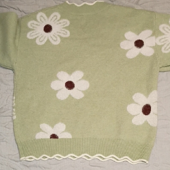 Daisy Pattern V-Neck Sweater - Light Green and White - Picture 6 of 6
